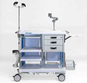Motorized Endocart, 3 drawer cabinet, 6in basket, front keyboard tray, tank holder, 25in monitor mount, dual scope holder, power strip